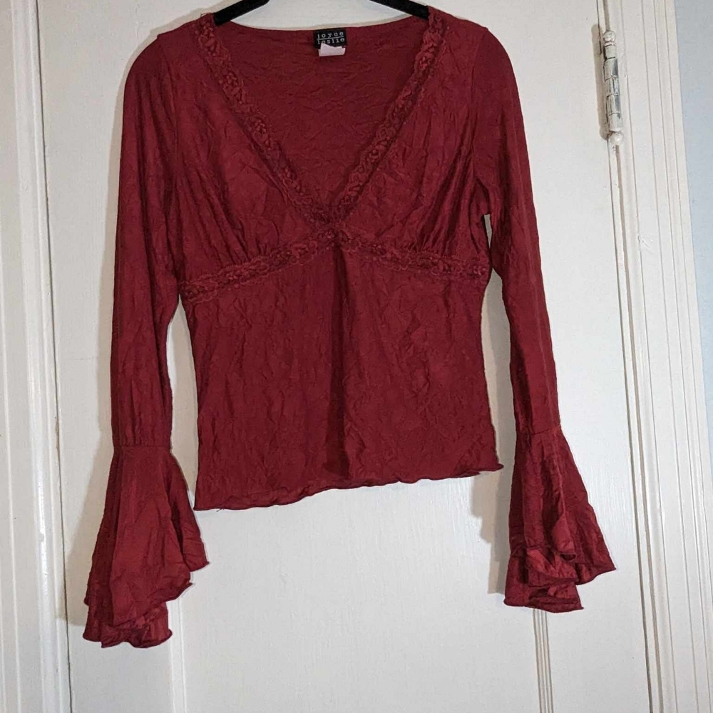 Whimsical Red Long-Sleeve V-Neck Top With Bell Sleeves